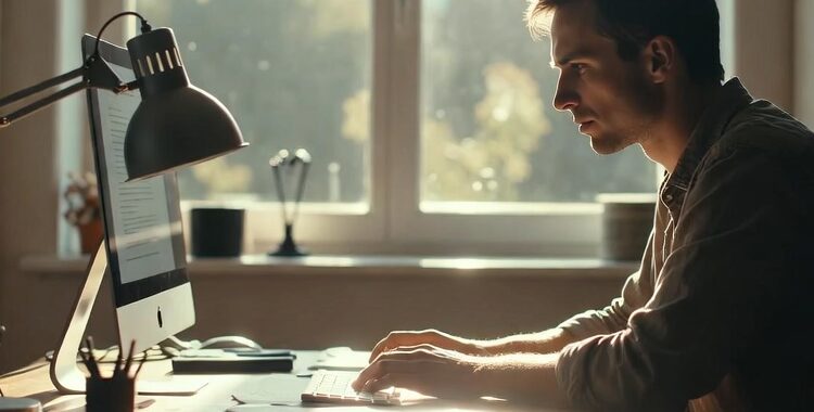 Un travailleur ou une travailleuse, seul(e), assis(e) à un bureau à domicile ou dans un bureau moderne, regardant un document de démission ou un écran d’ordinateur avec une expression réfléchie.