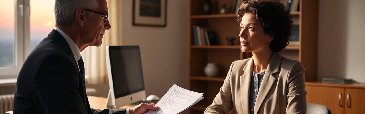 Un échange professionnel entre un employeur et un employé dans un bureau chaleureux et bien décoré, avec des documents administratifs visibles (contrat, dossier, ordinateur), posture calme et respectueuse.