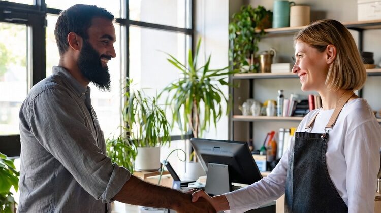 Un dirigeant de PME accueille un travailleur à temps partiel dans son entreprise, illustrant l'extension des flexi-jobs à tous les secteurs.