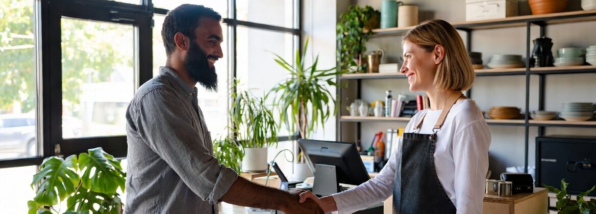 Un dirigeant de PME accueille un travailleur à temps partiel dans son entreprise, illustrant l'extension des flexi-jobs à tous les secteurs.
