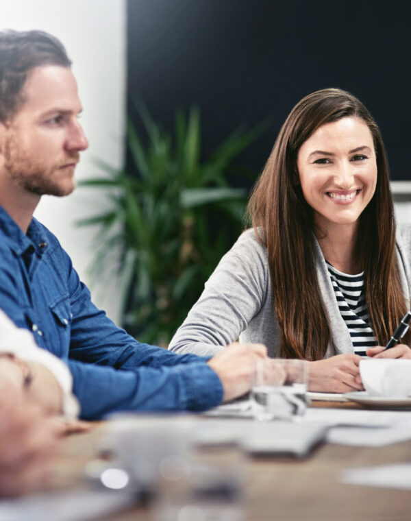 Office, boardroom and business woman in portrait for meeting, workshop and presentation of startup project. Corporate team, conference and employees for training, work ideas and hr staff listening.